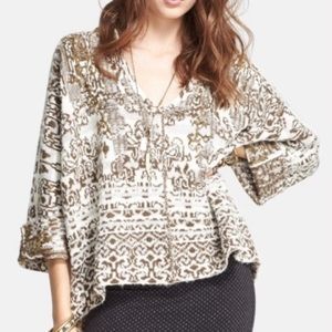 Free People Raggy Knit V Neck Green White and Brown Oversized Hooded Sweater
